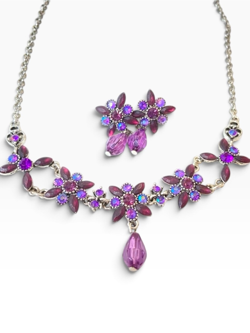 Vintage NR Signed Purple Rhinestone Floral Necklace Earrings Set Silver Tone